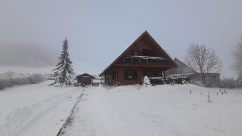 a snow covered road next to a house at Rustikalna kuća Snowdrop s kaminom u Begovom Razdolju, Gorski kotar in Begovo Razdolje
