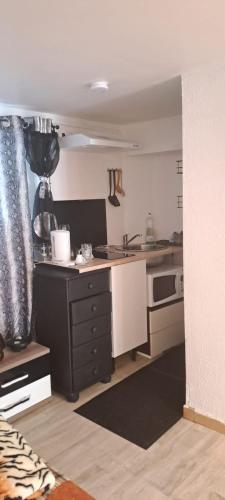 une petite cuisine avec un évier et une cuisinière dans l'établissement Studio indépendant - chambre privé confortable & tv canal plus, à Goussainville