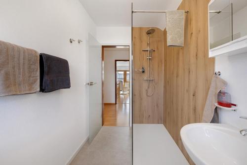 a bathroom with a shower and a sink at Urlaub in der Sonnenstadt 72351 in Geislingen