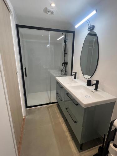 une salle de bain avec une douche, un lavabo et un miroir dans l'établissement 1st line sea view apartment, à Villefranche-sur-Mer