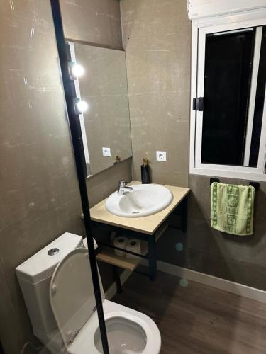 a bathroom with a sink and a toilet and a mirror at Eco-friendly beach house in Sesimbra