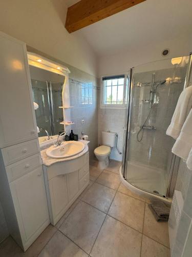une salle de bain avec une douche, un lavabo et des toilettes dans l'établissement Villa Domaine 4 seasons Valbonne, à Villeneuve-Loubet