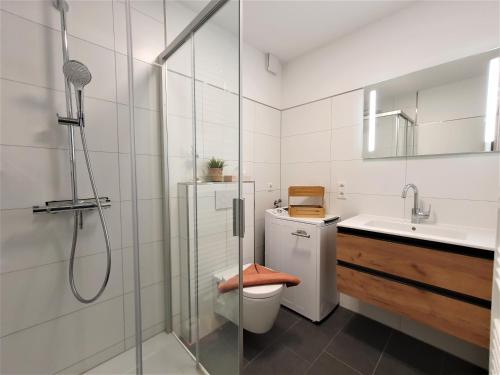 a bathroom with a shower and a toilet and a sink at Strandliebe in Langeoog