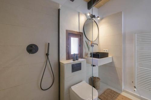 a bathroom with a shower and a toilet and a mirror at FALCO , Apartment auf Finca Zenara, Terrasse, XXL-Pool, Küche, AC, WIFI, Yoga in Manacor