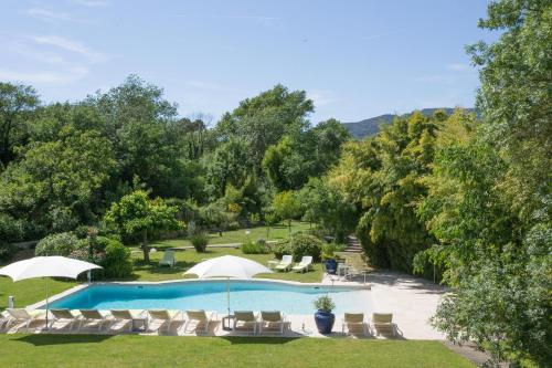 an image of a swimming pool with chairs and trees at Hotel Le Verger Maelvi in Grimaud