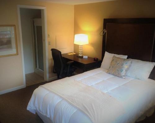a bedroom with a bed and a desk with a lamp at Wayne Inn in Honesdale