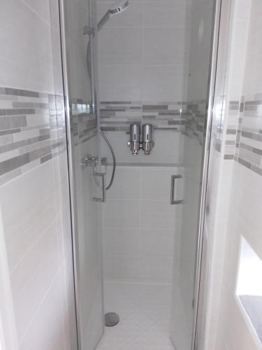 une douche avec une porte vitrée dans une salle de bain dans l'établissement La Loge de Fleur, à Anglars-Saint-Félix