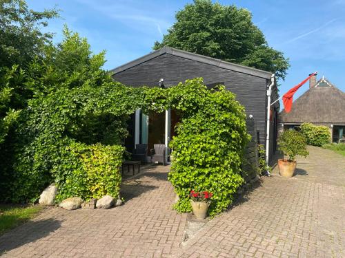 a garden with an archway in front of a house at Assen-Groningen-Saunacabine in Vries