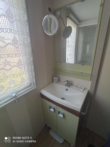une salle de bain avec un lavabo et un miroir dans l'établissement Mobilhome 4-6 personnes confort-piscine-mer meschers sur gironde, à Meschers-sur-Gironde