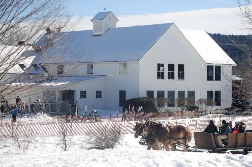 a group of people riding on a horse drawn sleigh in the snow at Quechee Hollow 2C in Quechee