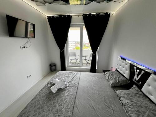 a bedroom with a bed and a large window at Ilie Petre Luxury Suites in Chiajna