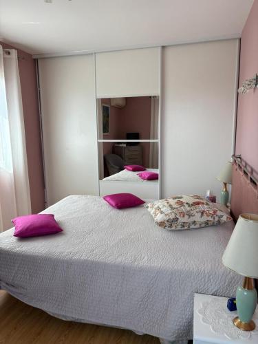 - une chambre avec un lit et un grand miroir dans l'établissement St Cyprien plage grande maison avec piscine, à Saint Cyprien Plage