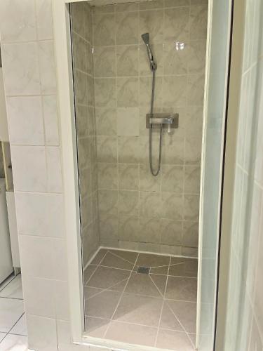 une douche avec pommeau de douche dans une salle de bain dans l'établissement L'abeille - Centre ville, à Bourg-de-Péage