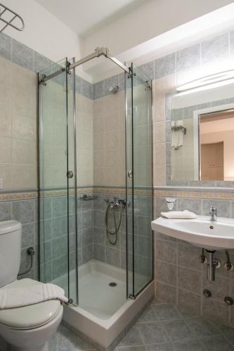 a bathroom with a shower and a toilet and a sink at Ostria Hotel  in Adamas