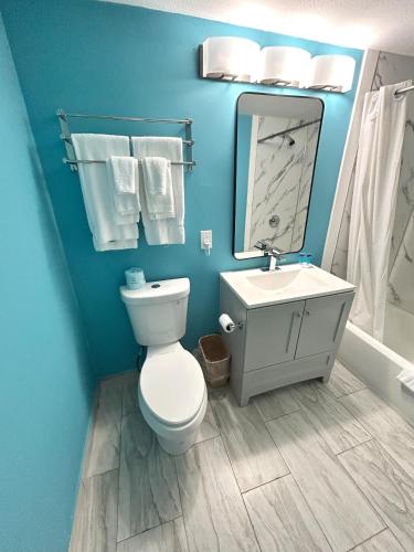 a bathroom with a toilet and a sink and a mirror at The Villager Motel in Bartlett