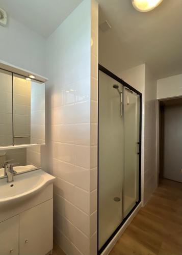une salle de bain avec une douche en verre et un lavabo dans l'établissement La Maison Saint-Martin, à Agonac