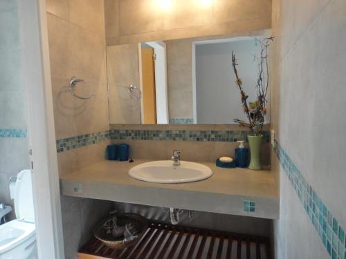 a bathroom with a sink and a mirror at Guindo Cariló in Carilo
