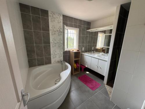 La salle de bains est pourvue d'une grande baignoire et d'un lavabo. dans l'établissement Maison de lumiere et de joie, à Vaison-la-Romaine