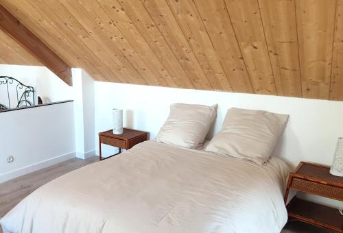 - une chambre avec un lit blanc et des plafonds en bois dans l'établissement Chez Gwen et Lulu - Maison en Bois - Trébeurden, à Trébeurden
