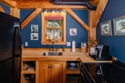 a kitchen with a sink and a blue wall at The Inn at Stonecliffe in Mackinac Island
