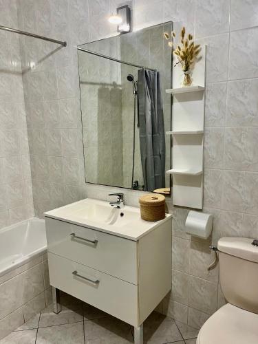 une salle de bain avec un lavabo, des toilettes et un miroir dans l'établissement Gîtes de la Mouette La Moussette 5-6 personnes, à Ravenoville