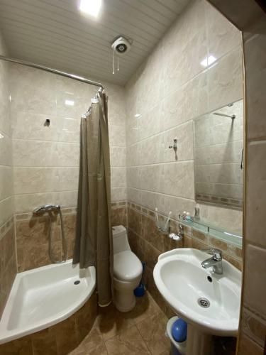 a bathroom with a sink and a toilet and a shower at Parvina hotel and restaurant in Bukhara