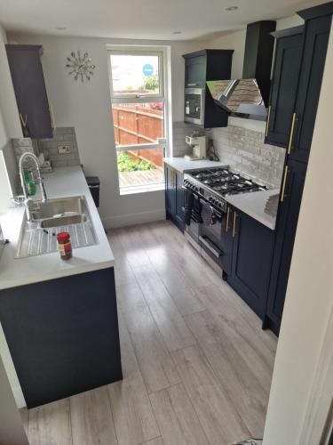 a kitchen with blue cabinets and a sink and a stove at Modern 5 bedroom house with parking, London in Thornton Heath