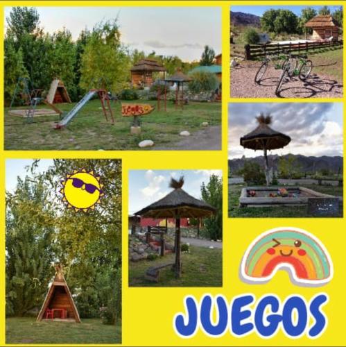 a collage of pictures of playground equipment and an umbrella at Posada Malbec 3 Dormis in Uspallata