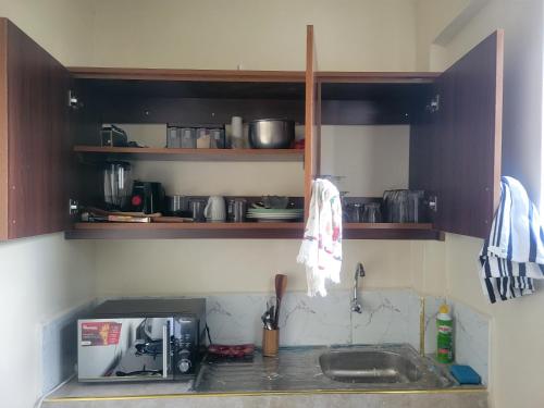 a kitchen with a sink and a microwave at Baylynn Homes in Homa Bay