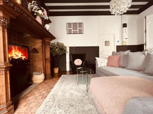 un salon avec un canapé et une cheminée dans l'établissement La Chambre Altesse de Rouen - 282, à Rouen