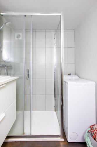 une douche avec une porte vitrée dans une salle de bain dans l'établissement DeLuxe Studio Rénové, Parking Gratuit, MULHOUSE CENTRE, à Mulhouse