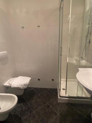 a bathroom with a shower and a toilet and a sink at Hotel Golden in Rimini