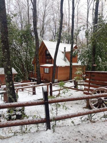 a log cabin in the woods in the snow at Cabañas El Mirador de Recinto in Recinto