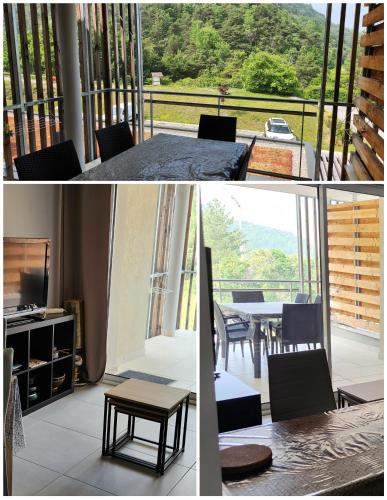 un collage de deux photos d'une pièce avec une table dans l'établissement Cocoon Savines, à Savines