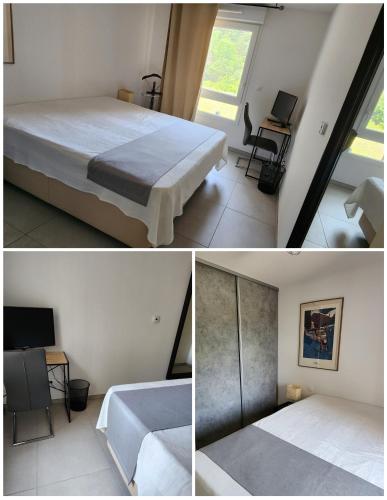 - deux photos d'une chambre avec un lit et un bureau dans l'établissement Cocoon Savines, à Savines