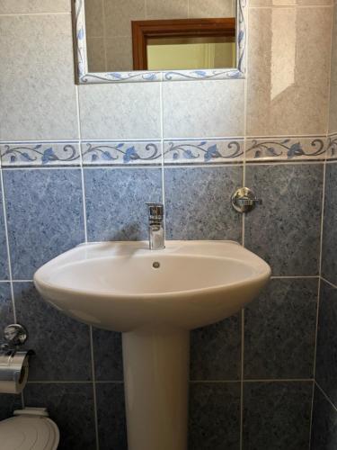 a bathroom with a sink and a mirror and a toilet at Casa da vala in Praia de Mira