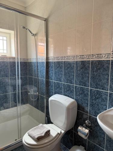 a bathroom with a toilet and a shower and a sink at Casa da vala in Praia de Mira