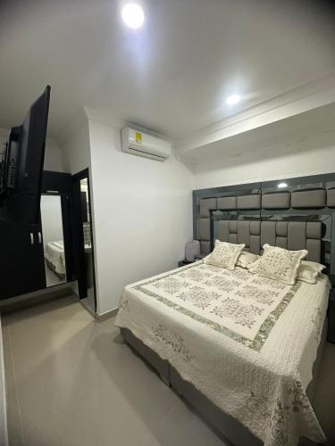 a bedroom with a large bed and a mirror at Hotel Costa Norte in Necoclí