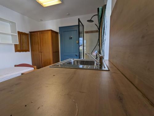 Il comprend une cuisine avec un évier et du parquet. dans l'établissement Studio Chambery Centre with shared toilets, à Chambéry