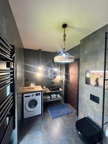 a laundry room with a washing machine and a washer at Silesia Apartments B129 in Ustroń