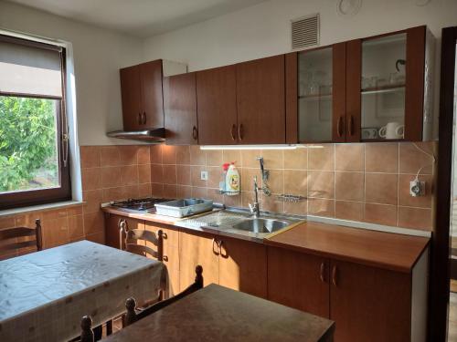 a kitchen with wooden cabinets and a sink and a window at Egidio Gigi Bellich holiday apartments family houses in Rabac