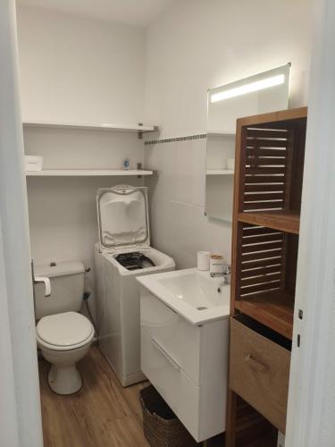 une petite salle de bain avec toilettes et lavabo dans l'établissement Studio entre mer et port a Carnon plage, à Mauguio