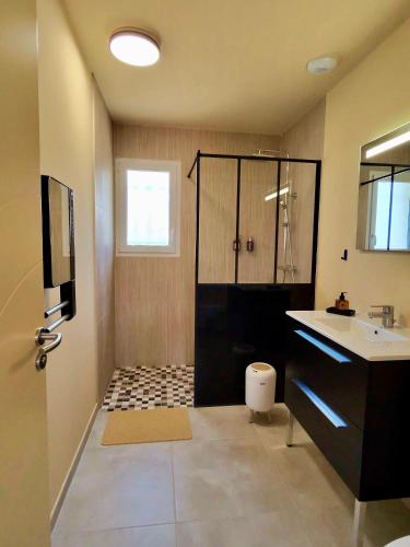 une salle de bain avec douche et lavabo dans l'établissement Chez Hamou & Julie, à Digne-Les-Bains