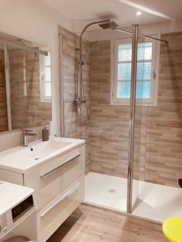 une salle de bain avec douche et lavabo dans l'établissement Saint-Raphaël Beautiful ground floor apartment pool, à Saint-Raphaël