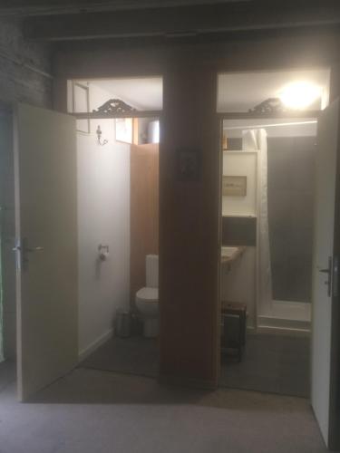 une salle de bain avec toilettes et miroir dans l'établissement Cottage, à Dettey