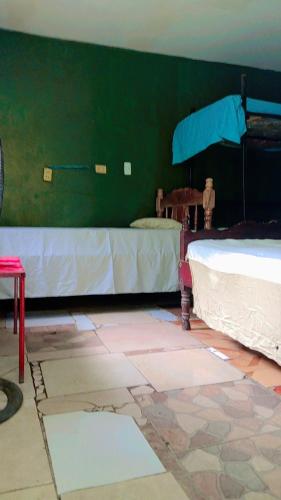 a bedroom with two beds and a green wall at Hostal Isla Natal in Moyogalpa