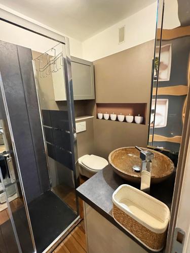 une salle de bain avec un lavabo et des toilettes dans l'établissement Charmant Studio - Centre Cannes, à Cannes