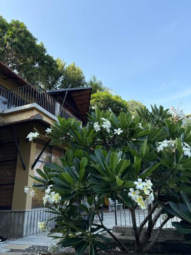 a tree with white flowers in front of a building at Ripples Cove Retreat - Your dream Lakeside getaway in Paravūr