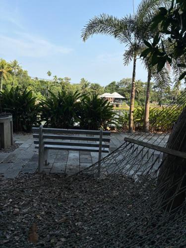 a wooden bench sitting on a sidewalk next to palm trees at Ripples Cove Retreat - Your dream Lakeside getaway in Paravūr