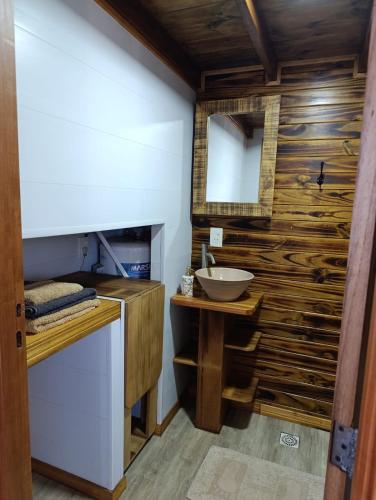 a bathroom with a sink and a wooden wall at Tiny House Nativa in Montecarlo
